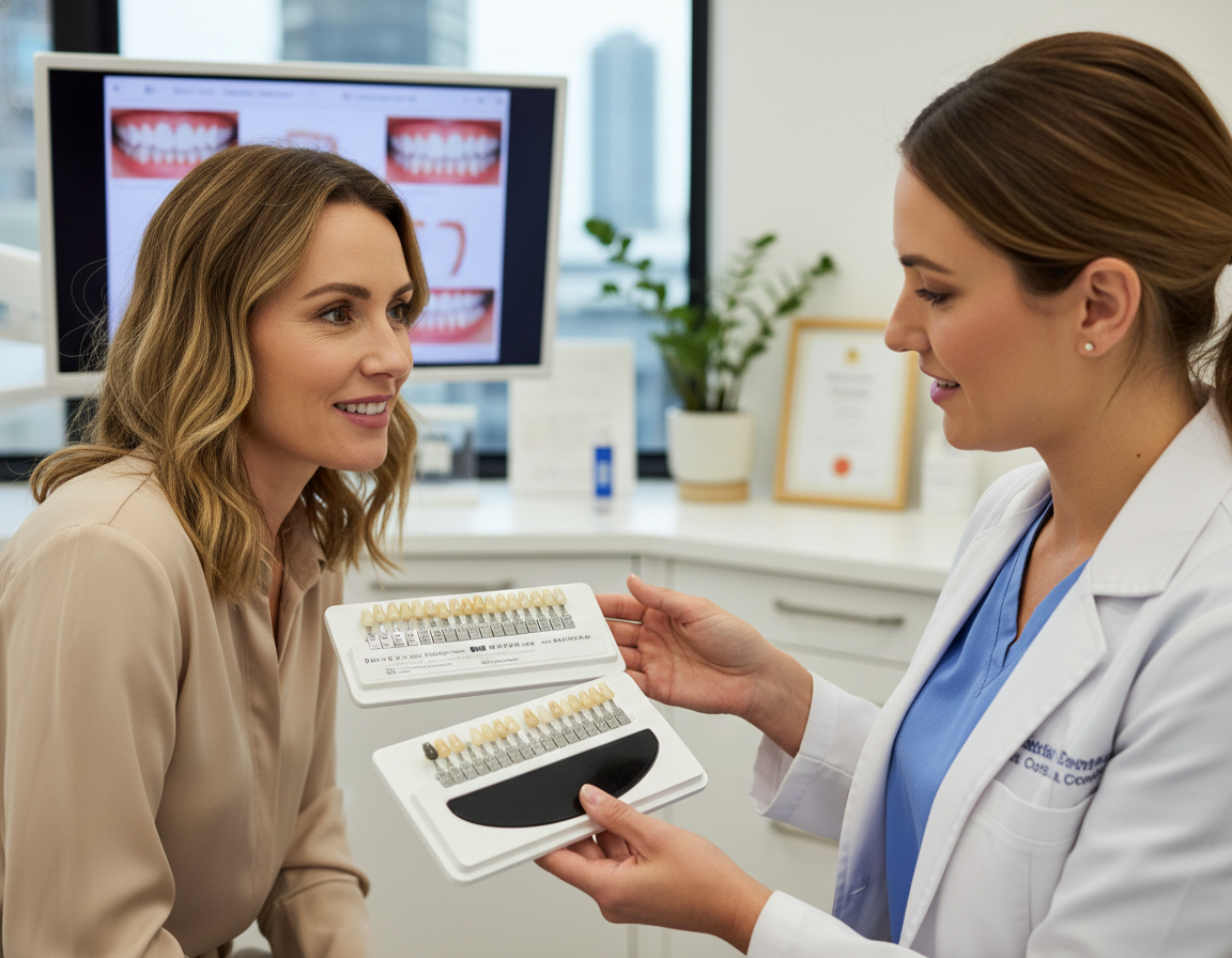 Cosmetic dentist showing dental veneers samples to patient at My Smile Doctors Cosmetic dentist showing dental veneers samples to patient at My Smile Doctors