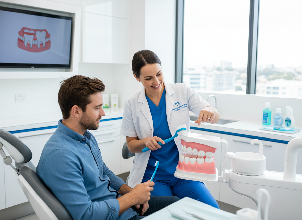 Dental hygienist demonstrating proper brushing technique to patient at My Smile Doctors Dental hygienist demonstrating proper brushing technique to patient at My Smile Doctors