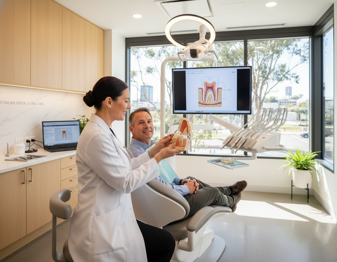 Dentist explaining root canal procedure to patient at My Smile Doctors Parramatta Dentist explaining root canal procedure to patient at My Smile Doctors Parramatta