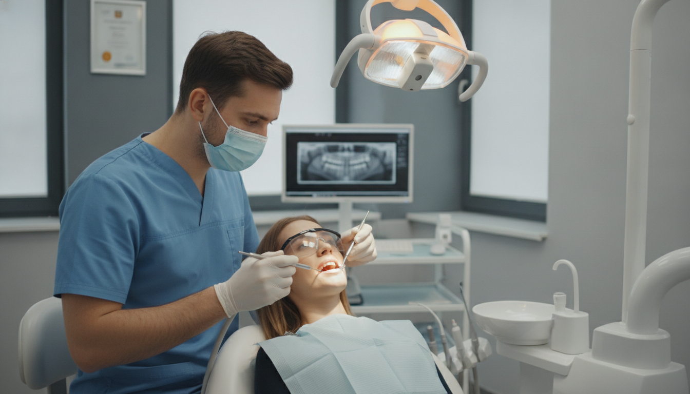 Dentist performing emergency dental examination on patient