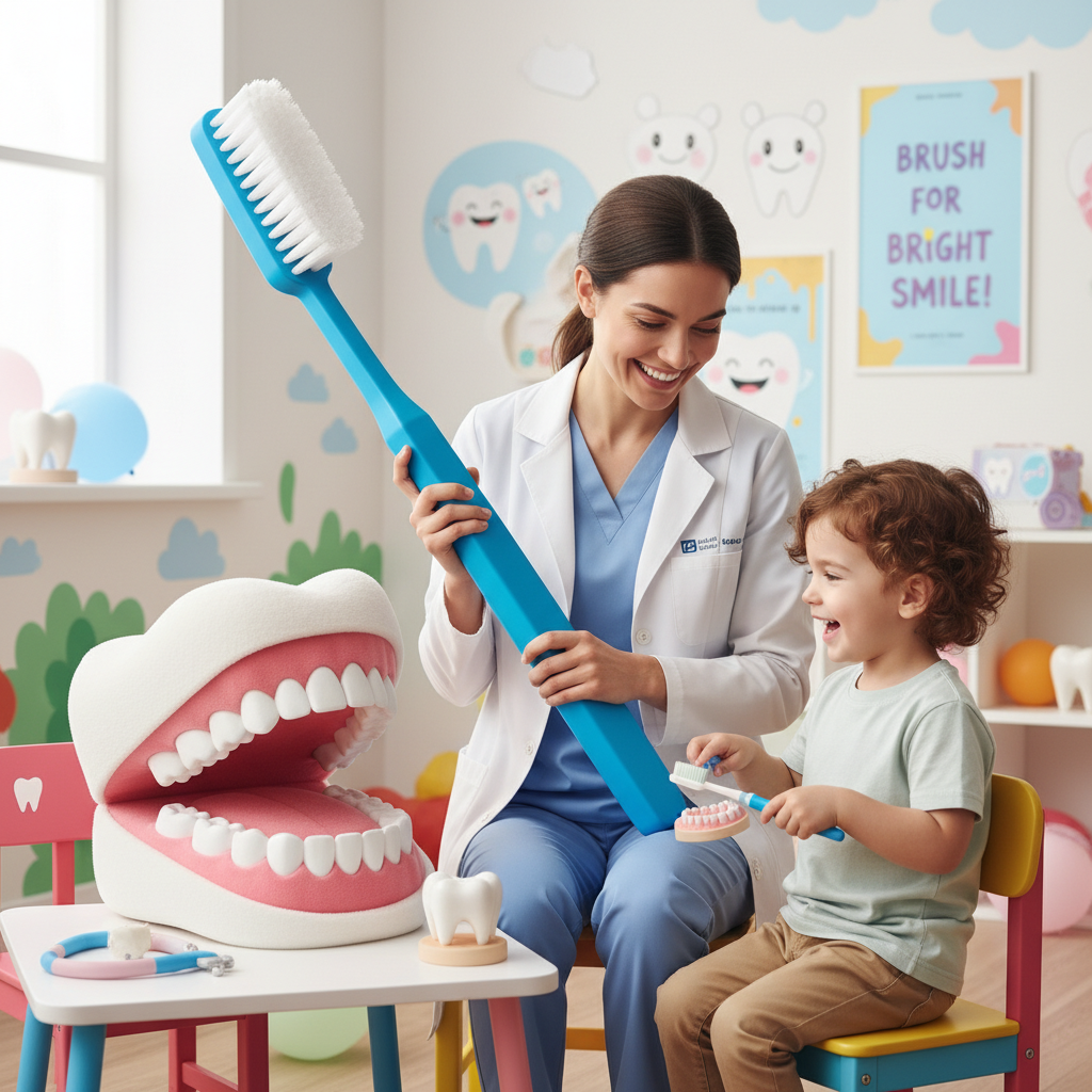 Dentist showing child how to properly brush teeth at My Smile Doctors Dentist showing child how to properly brush teeth at My Smile Doctors