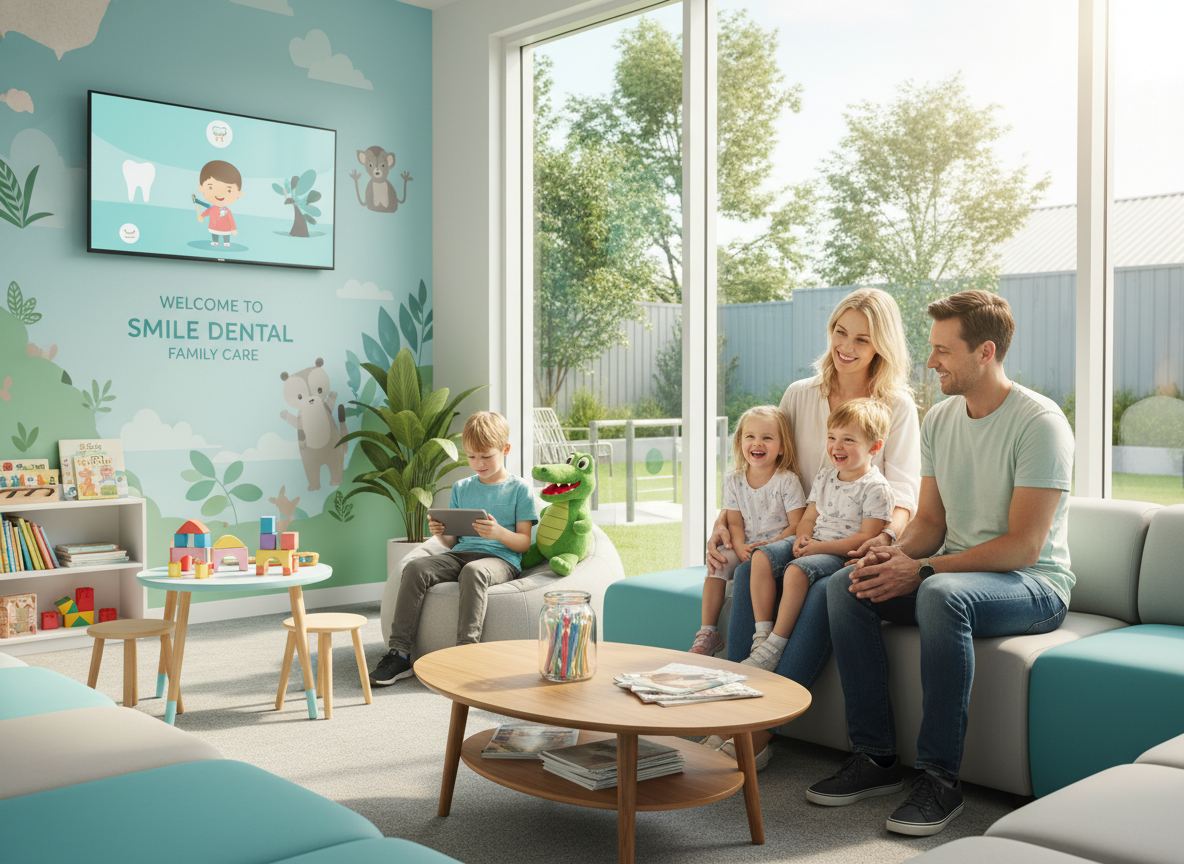 Family together in waiting area at My Smile Doctors Parramatta dental clinic Family together in waiting area at My Smile Doctors Parramatta dental clinic