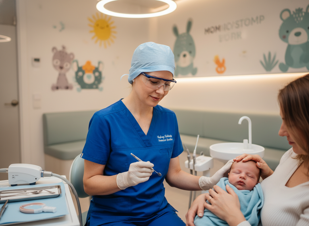 Gentle pediatric dentist preparing for tongue tie procedure with calm infant patient