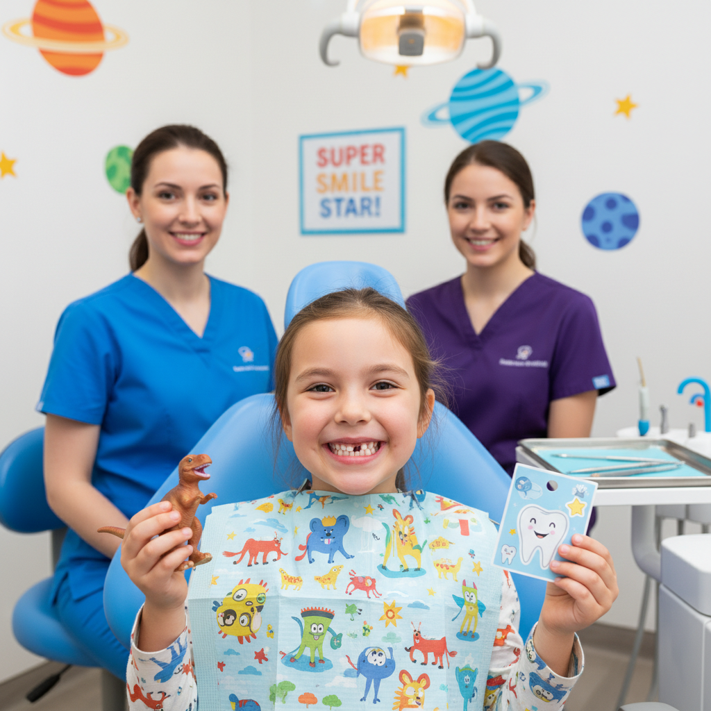 Happy child showing healthy smile after dental checkup at My Smile Doctors Happy child showing healthy smile after dental checkup at My Smile Doctors