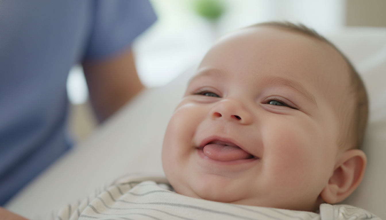 Happy infant smiling after successful tongue tie treatment showing improved mobility
