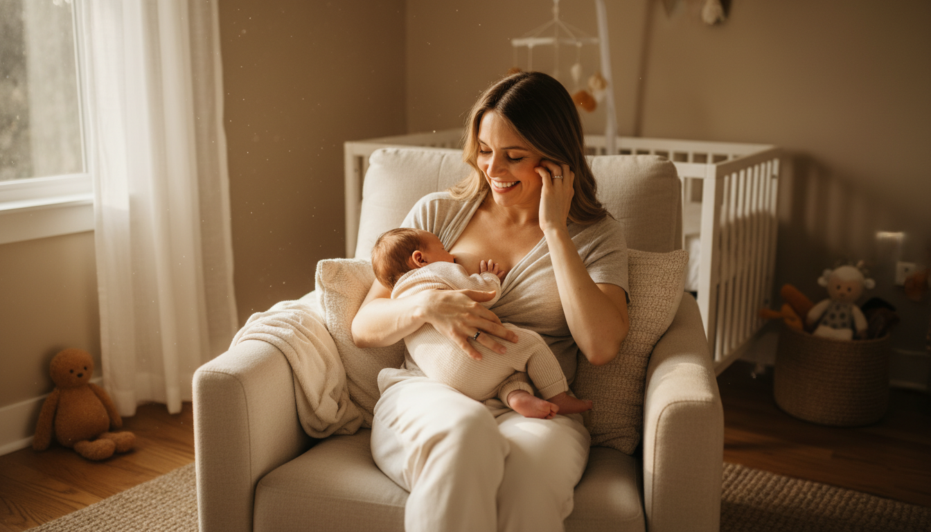 Happy mother successfully breastfeeding infant after tongue tie release treatment