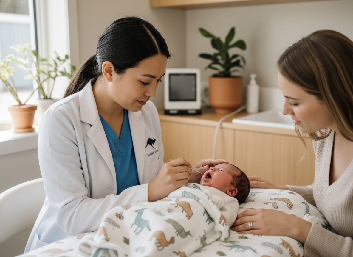 Healthcare professional gently examining infant's tongue tie condition in Parramatta clinic