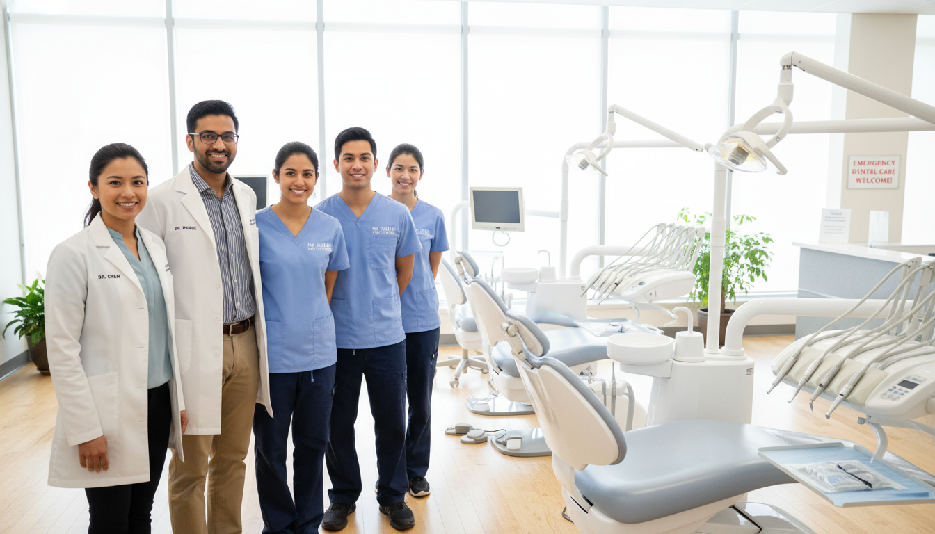 In a bright, welcoming dental clinic environment, the experienced dental team from "my smile doctors" stands together, exuding professionalism and warmth. In the foreground, a diverse group of five smiling dental professionals, including one female dentist with dark hair in a neat ponytail, wearing a white lab coat over casual business attire, one male orthodontist with glasses, and three dental hygienists in light blue scrubs, convey a sense of approachability and expertise. In the middle ground, dental equipment and bright treatment chairs are neatly arranged, emphasizing a clean and organized space. The background features large windows allowing soft, natural light to flood the room, enhancing the cheerful atmosphere. The lighting is bright yet soft, creating a friendly, reassuring mood that invites patients in need of emergency dental care. In a bright, welcoming dental clinic environment, the experienced dental team from "my smile doctors" stands together, exuding professionalism and warmth. In the foreground, a diverse group of five smiling dental professionals, including one female dentist with dark hair in a neat ponytail, wearing a white lab coat over casual business attire, one male orthodontist with glasses, and three dental hygienists in light blue scrubs, convey a sense of approachability and expertise. In the middle ground, dental equipment and bright treatment chairs are neatly arranged, emphasizing a clean and organized space. The background features large windows allowing soft, natural light to flood the room, enhancing the cheerful atmosphere. The lighting is bright yet soft, creating a friendly, reassuring mood that invites patients in need of emergency dental care.