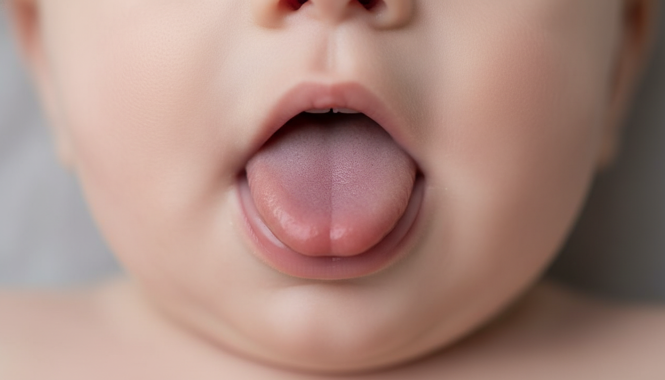 Infant showing classic heart-shaped tongue appearance indicating tongue tie Infant showing classic heart-shaped tongue appearance indicating tongue tie