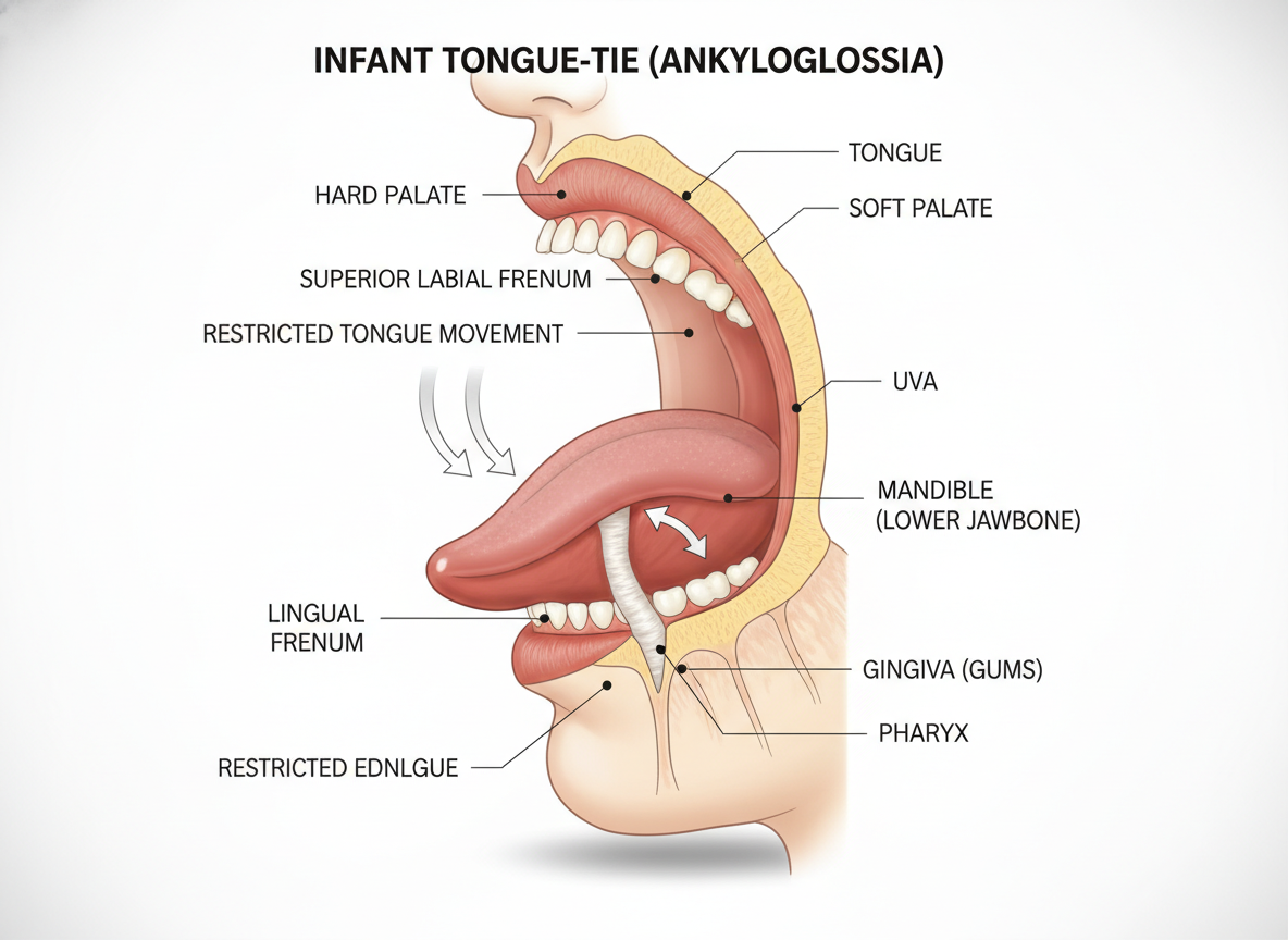 Medical diagram showing tongue tie anatomy and frenulum restriction in infant mouth