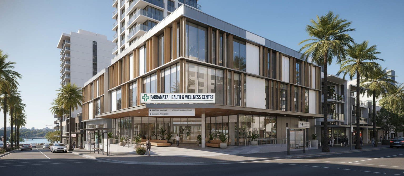 Modern medical clinic exterior in Parramatta Sydney for tongue tie treatment Modern medical clinic exterior in Parramatta Sydney for tongue tie treatment