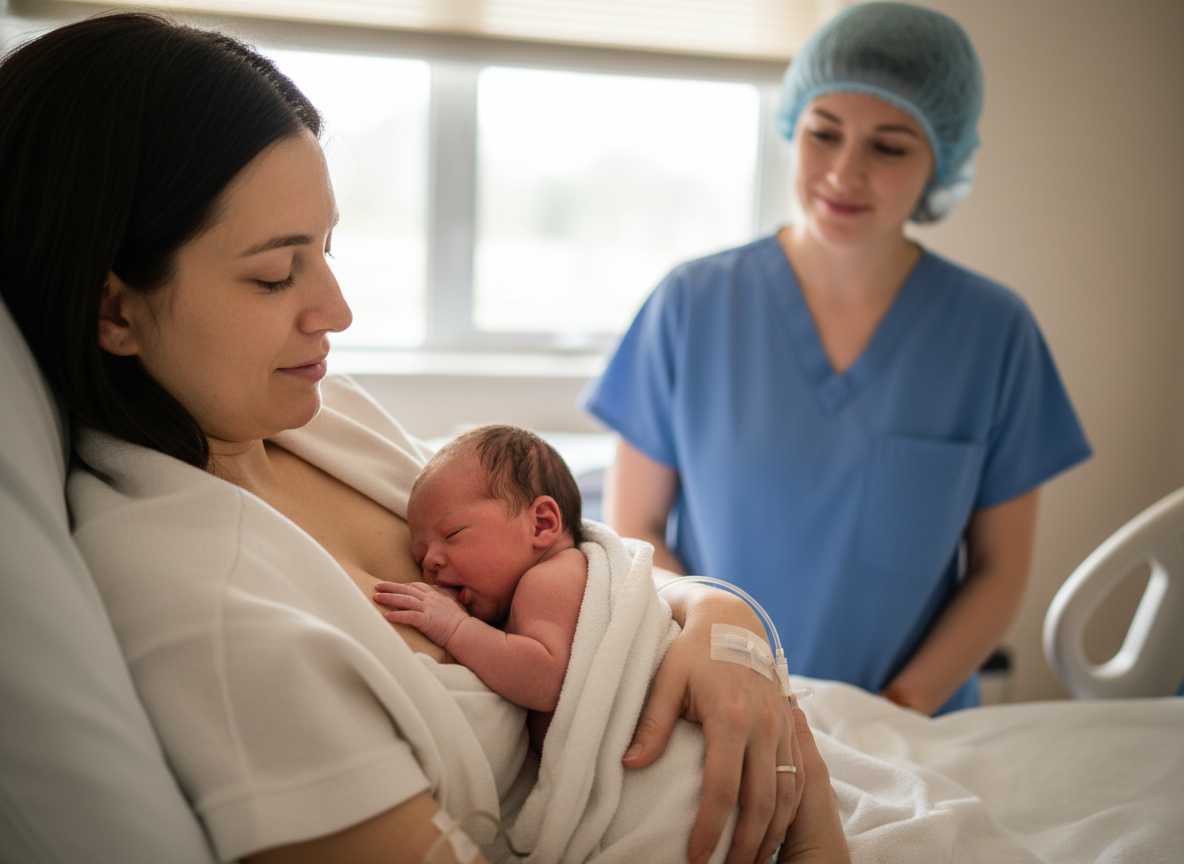 Mother comforting and nursing baby immediately after tongue tie release procedure