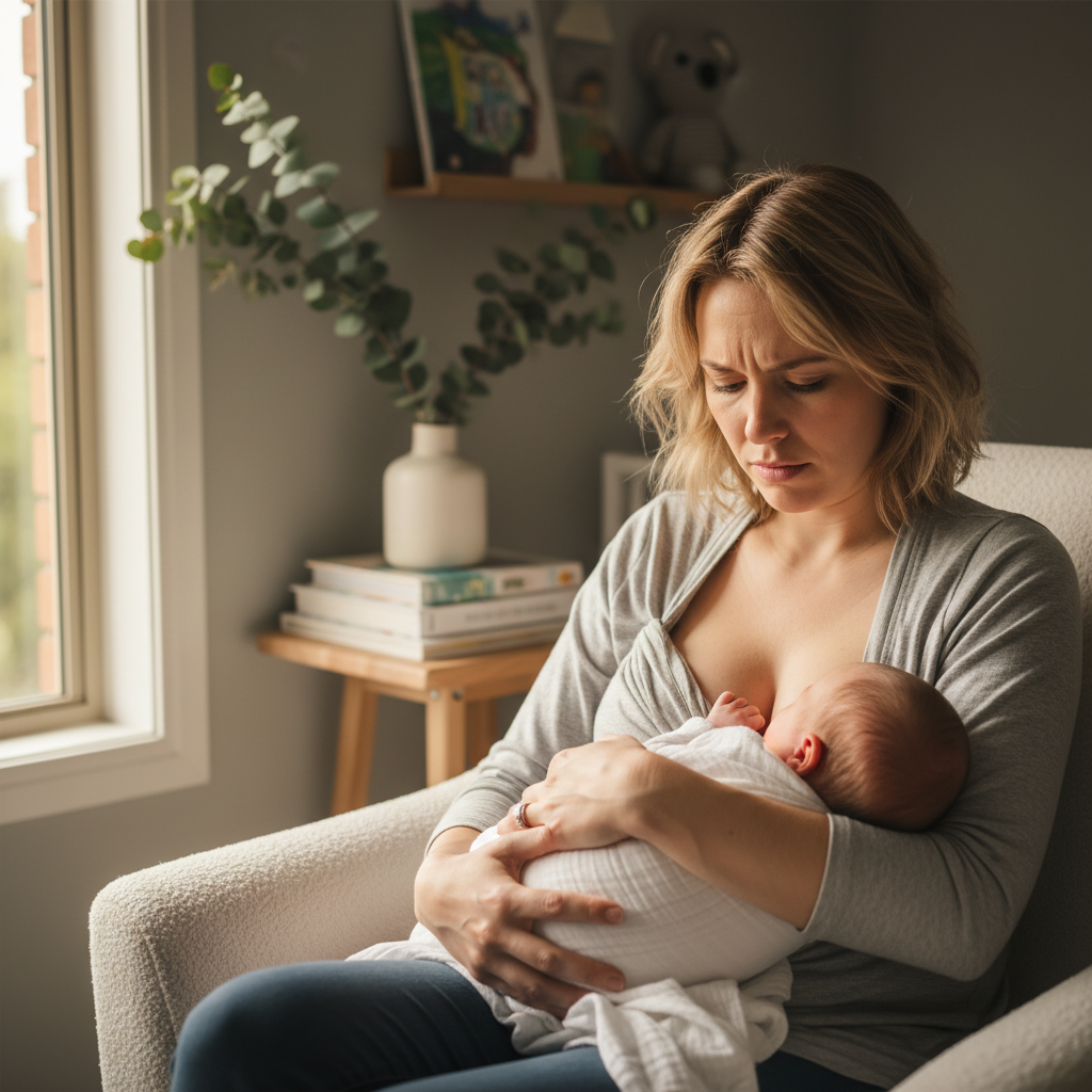 Mother experiencing breastfeeding difficulties with tongue tie baby in Parramatta Mother experiencing breastfeeding difficulties with tongue tie baby in Parramatta
