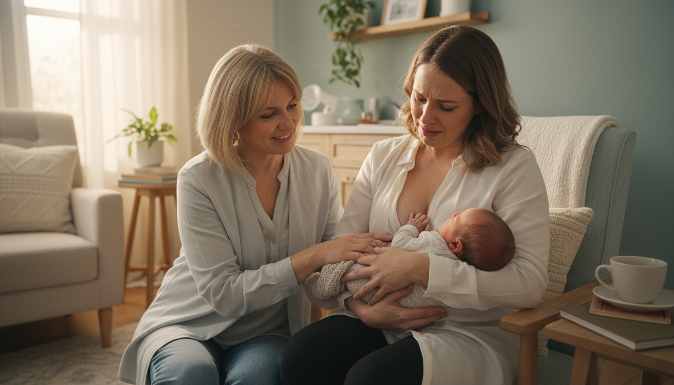 Mother experiencing breastfeeding difficulties with tongue-tied infant in lactation consultation room