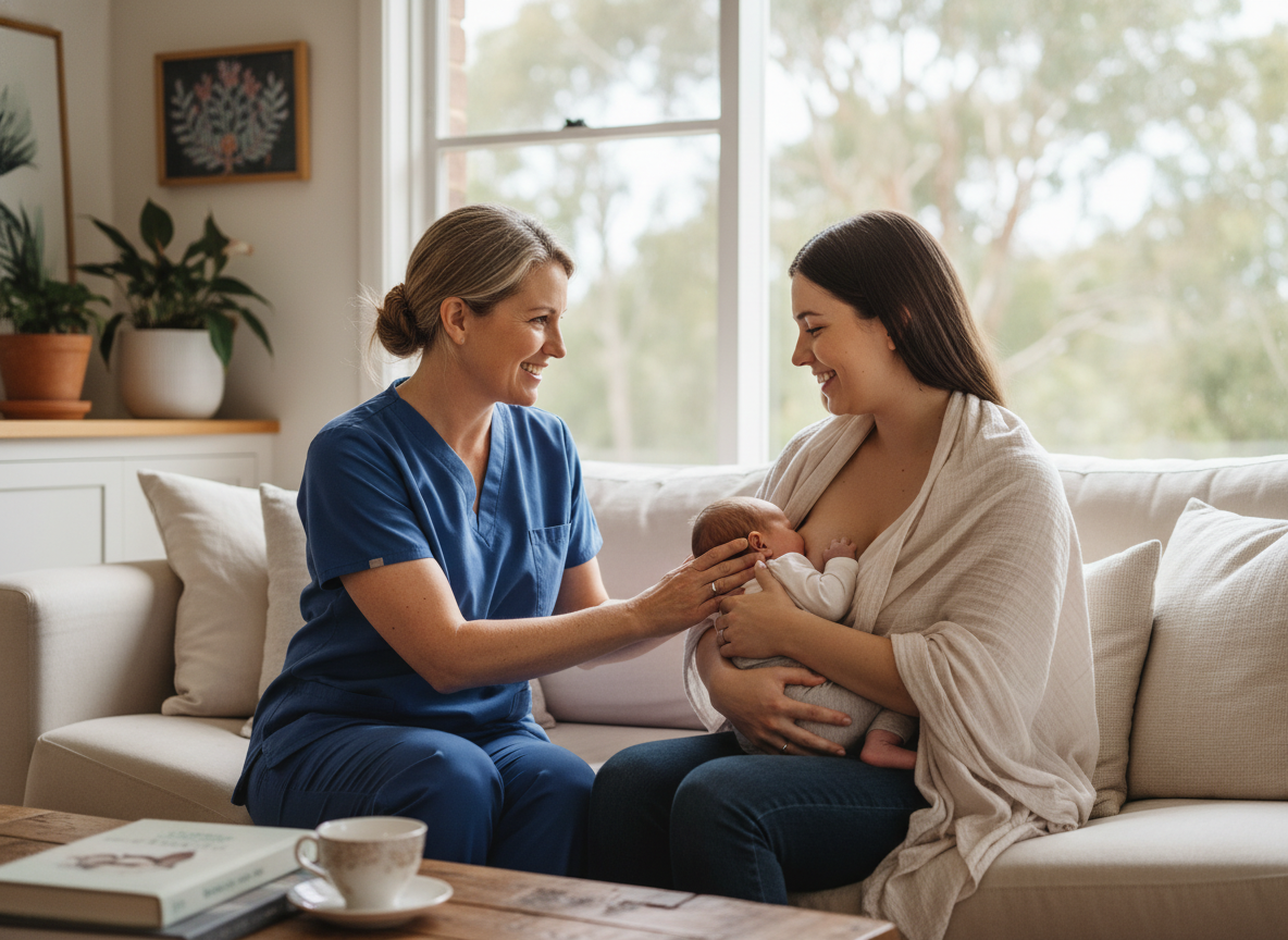 Mother working with lactation consultant on feeding positions for tongue tie baby Mother working with lactation consultant on feeding positions for tongue tie baby