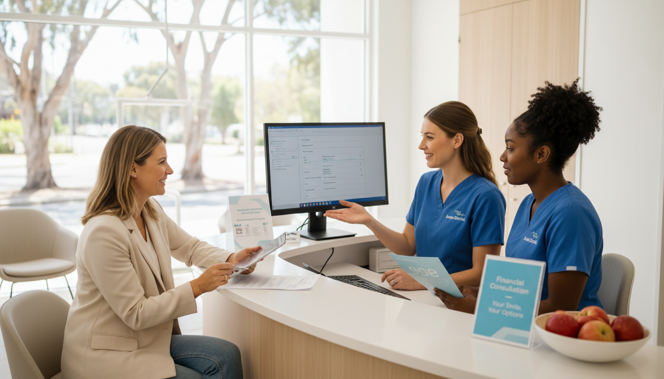 Patient discussing payment options with dental staff at My Smile Doctors Patient discussing payment options with dental staff at My Smile Doctors