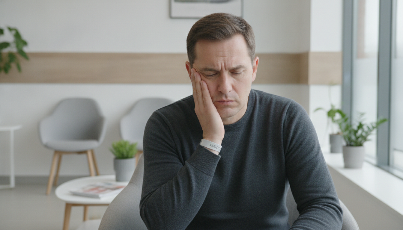Patient experiencing dental pain holding their jaw in discomfort