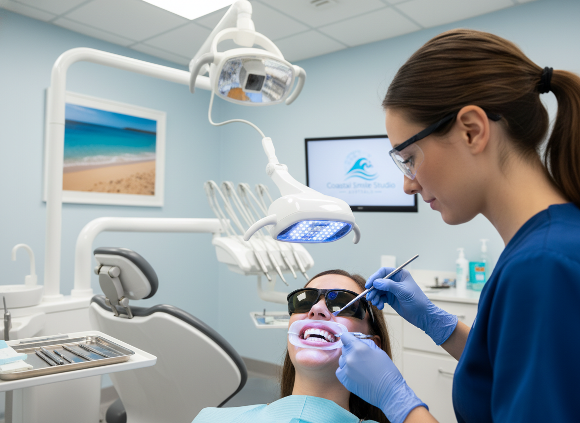 Patient receiving professional teeth whitening treatment at My Smile Doctors Parramatta dental clinic Patient receiving professional teeth whitening treatment at My Smile Doctors Parramatta dental clinic