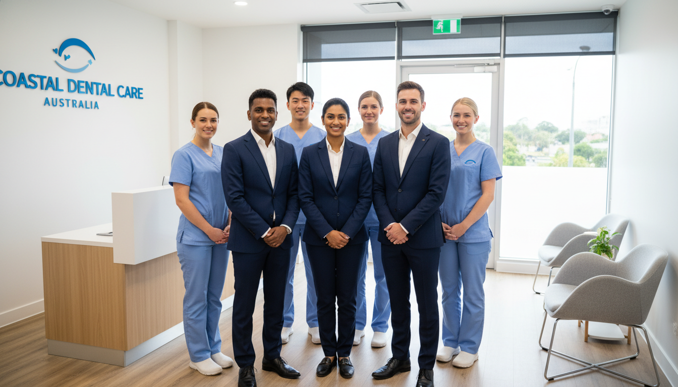 Professional dental team at My Smile Doctors Dentist Parramatta smiling together Professional dental team at My Smile Doctors Dentist Parramatta smiling together