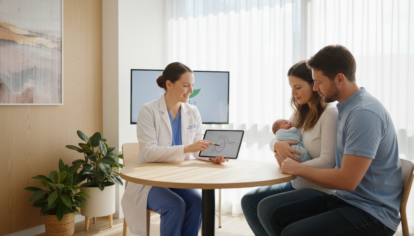 Professional pediatric specialist consulting with parents about tongue tie in Parramatta Professional pediatric specialist consulting with parents about tongue tie in Parramatta