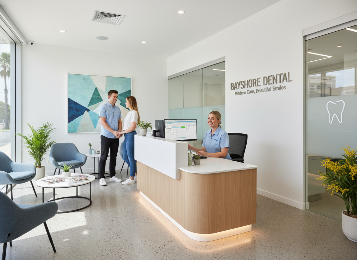 Reception desk at My Smile Doctors showing appointment scheduling system Reception desk at My Smile Doctors showing appointment scheduling system