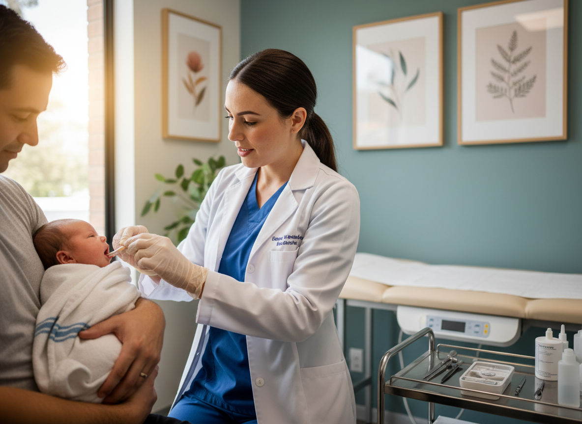Specialist conducting professional tongue tie assessment on infant in Parramatta clinic Specialist conducting professional tongue tie assessment on infant in Parramatta clinic