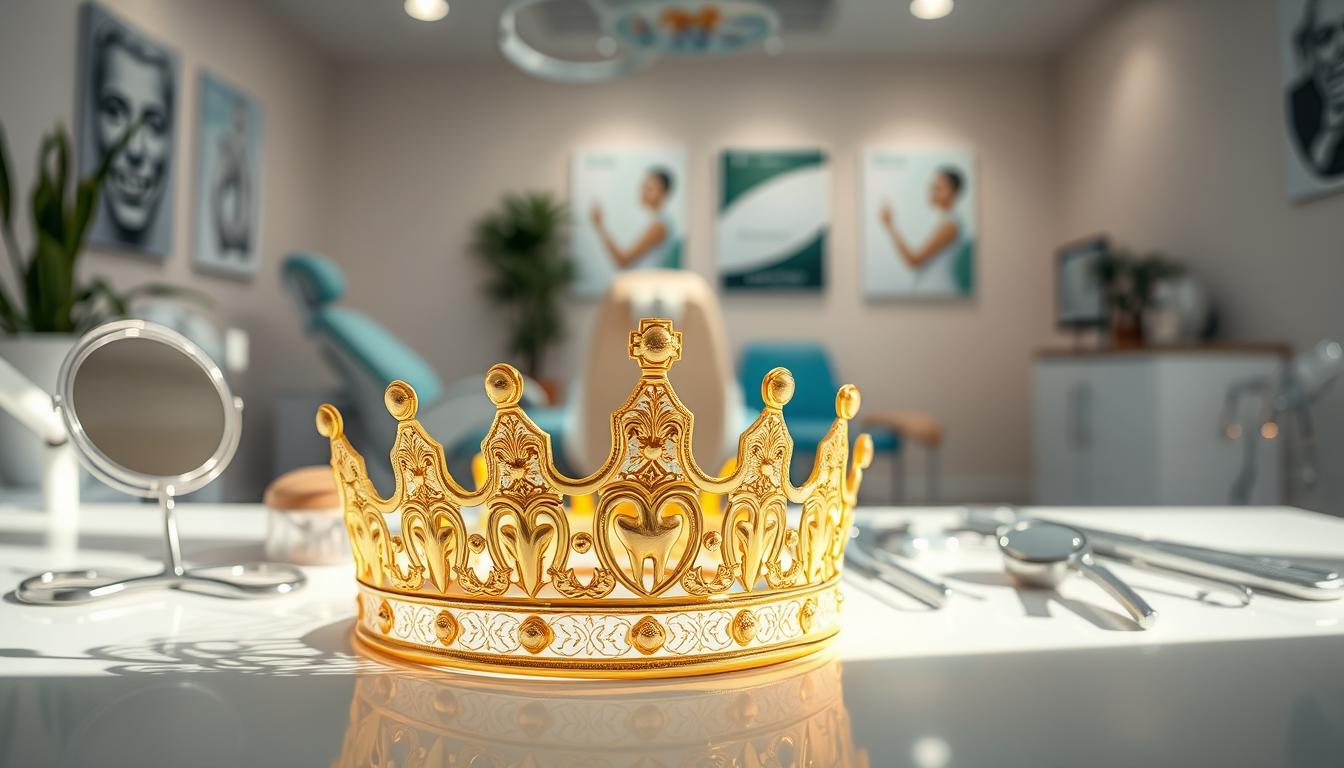 A beautifully crafted dentist's crown prominently displayed in the foreground, shimmering with a lustrous gold finish accompanied by detailed engravings. Surrounding the crown, various dental tools (mirrors, explorers) elegantly arranged on a polished surface, reflecting natural light that creates a soft, inviting glow. In the middle ground, a serene dental clinic environment can be seen, featuring modern chairs and calming pastel colors, subtly enhancing the atmosphere of care and professionalism. In the background, blurred images of dental posters and plants can be discerned, creating a sense of tranquility and warmth. The lighting is soft and bright, embodying a clean and welcoming atmosphere, evoking feelings of reassurance and hope for restorative dental treatments. A beautifully crafted dentist's crown prominently displayed in the foreground, shimmering with a lustrous gold finish accompanied by detailed engravings. Surrounding the crown, various dental tools (mirrors, explorers) elegantly arranged on a polished surface, reflecting natural light that creates a soft, inviting glow. In the middle ground, a serene dental clinic environment can be seen, featuring modern chairs and calming pastel colors, subtly enhancing the atmosphere of care and professionalism. In the background, blurred images of dental posters and plants can be discerned, creating a sense of tranquility and warmth. The lighting is soft and bright, embodying a clean and welcoming atmosphere, evoking feelings of reassurance and hope for restorative dental treatments.