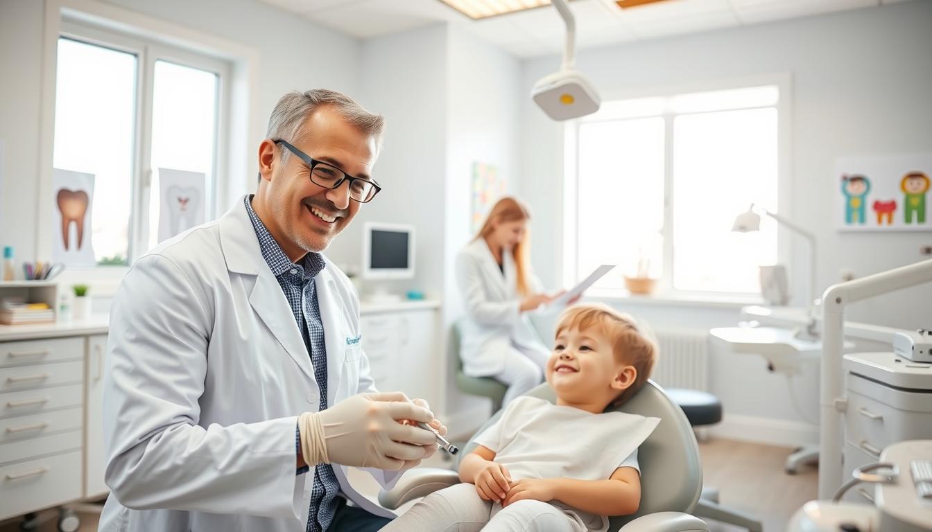 A bright and inviting dental office scene showcasing comprehensive dental services for families. In the foreground, a dentist in a white coat and gloves, smiling warmly, interacts with a young child seated in a dental chair. The child looks comfortable and relaxed, reflecting a gentle approach to dental care. In the middle, a dental hygienist prepares tools and materials, highlighting a professional atmosphere. The background features colorful dental posters and children's artwork on the walls, creating a family-friendly environment. Soft natural light pours in through large windows, enhancing the warmth and cleanliness of the space. The mood is welcoming and reassuring, emphasizing gentle and affordable dental care for everyone. A bright and inviting dental office scene showcasing comprehensive dental services for families. In the foreground, a dentist in a white coat and gloves, smiling warmly, interacts with a young child seated in a dental chair. The child looks comfortable and relaxed, reflecting a gentle approach to dental care. In the middle, a dental hygienist prepares tools and materials, highlighting a professional atmosphere. The background features colorful dental posters and children's artwork on the walls, creating a family-friendly environment. Soft natural light pours in through large windows, enhancing the warmth and cleanliness of the space. The mood is welcoming and reassuring, emphasizing gentle and affordable dental care for everyone.