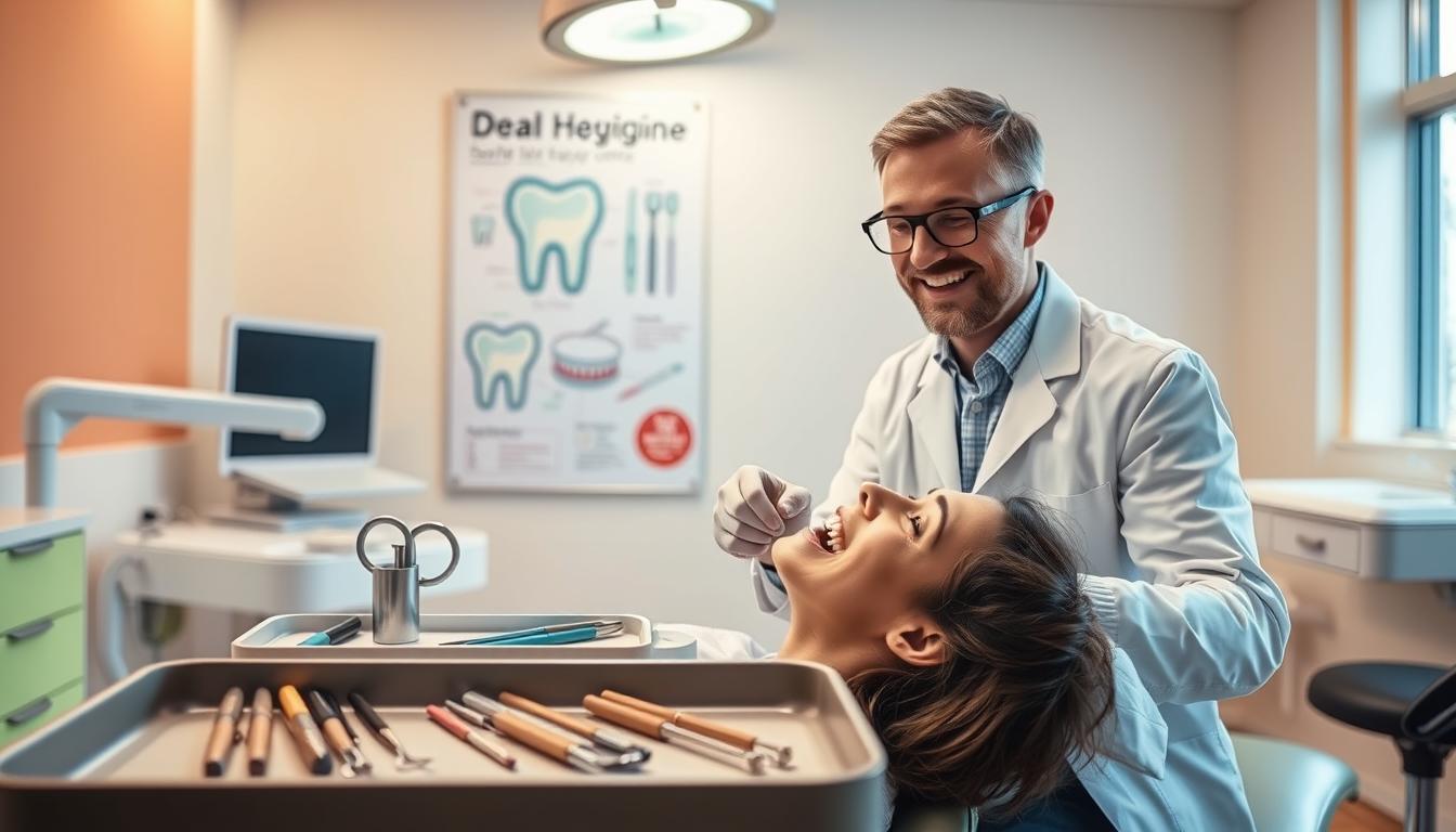 A bright and welcoming dental clinic interior focused on oral health. In the foreground, a friendly dentist in a professional white coat, wearing glasses, is examining a patient’s teeth while they recline comfortably in a dental chair. The dentist is smiling and engaging in conversation, showcasing a caring environment. In the middle ground, dental tools are neatly arranged on a tray, and a large poster illustrating proper oral hygiene hangs on the wall, emphasizing health education. The background features warm, inviting lighting, soft colors on the walls, and a window with gentle natural light filtering in. The mood is uplifting and reassuring, evoking trust and quality care in dentistry. A bright and welcoming dental clinic interior focused on oral health. In the foreground, a friendly dentist in a professional white coat, wearing glasses, is examining a patient’s teeth while they recline comfortably in a dental chair. The dentist is smiling and engaging in conversation, showcasing a caring environment. In the middle ground, dental tools are neatly arranged on a tray, and a large poster illustrating proper oral hygiene hangs on the wall, emphasizing health education. The background features warm, inviting lighting, soft colors on the walls, and a window with gentle natural light filtering in. The mood is uplifting and reassuring, evoking trust and quality care in dentistry.