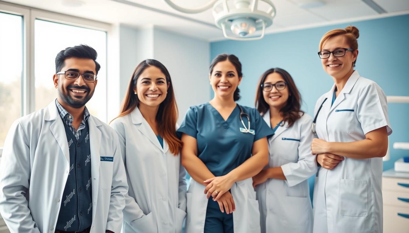 A diverse and experienced clinical team of dentists and dental hygienists in a bright, modern dental office. In the foreground, show three professionals: a South Asian male dentist in a white coat, a middle-aged Caucasian female hygienist in scrubs, and a Hispanic female dentist with glasses, all smiling and engaged in a friendly discussion. In the middle, include dental chairs and equipment, with soft blue and white decor creating a welcoming environment. In the background, large windows allow natural light to flood in, enhancing the warmth of the scene. The atmosphere should feel professional yet approachable, reflecting trust and care, ideal for a dental office. Use a slightly elevated angle to capture the teamwork dynamic and a gentle light source for a friendly mood. No text or branding elements should be present. A diverse and experienced clinical team of dentists and dental hygienists in a bright, modern dental office. In the foreground, show three professionals: a South Asian male dentist in a white coat, a middle-aged Caucasian female hygienist in scrubs, and a Hispanic female dentist with glasses, all smiling and engaged in a friendly discussion. In the middle, include dental chairs and equipment, with soft blue and white decor creating a welcoming environment. In the background, large windows allow natural light to flood in, enhancing the warmth of the scene. The atmosphere should feel professional yet approachable, reflecting trust and care, ideal for a dental office. Use a slightly elevated angle to capture the teamwork dynamic and a gentle light source for a friendly mood. No text or branding elements should be present.