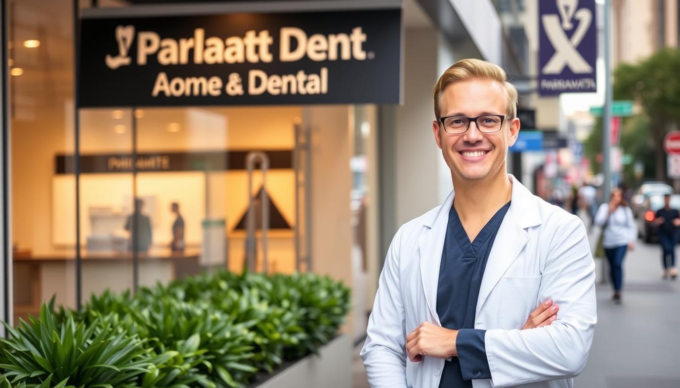 A modern dental practice exterior at 37 Grose St, Parramatta, showcasing a welcoming entrance with large glass windows and a stylish sign featuring "Parramatta Dental". In the foreground, a well-dressed dental professional stands confidently with a friendly smile, wearing a clean white coat and holding dental tools. The middle ground features a lush green landscaping with potted plants, conveying an inviting atmosphere. The background includes the bustling street of Parramatta, with pedestrians and cars gently blurred to create a sense of a vibrant community. The image should exhibit warm, natural lighting, evoking a feeling of trust and care, captured from a slightly elevated angle for an inviting perspective. A modern dental practice exterior at 37 Grose St, Parramatta, showcasing a welcoming entrance with large glass windows and a stylish sign featuring "Parramatta Dental". In the foreground, a well-dressed dental professional stands confidently with a friendly smile, wearing a clean white coat and holding dental tools. The middle ground features a lush green landscaping with potted plants, conveying an inviting atmosphere. The background includes the bustling street of Parramatta, with pedestrians and cars gently blurred to create a sense of a vibrant community. The image should exhibit warm, natural lighting, evoking a feeling of trust and care, captured from a slightly elevated angle for an inviting perspective.
