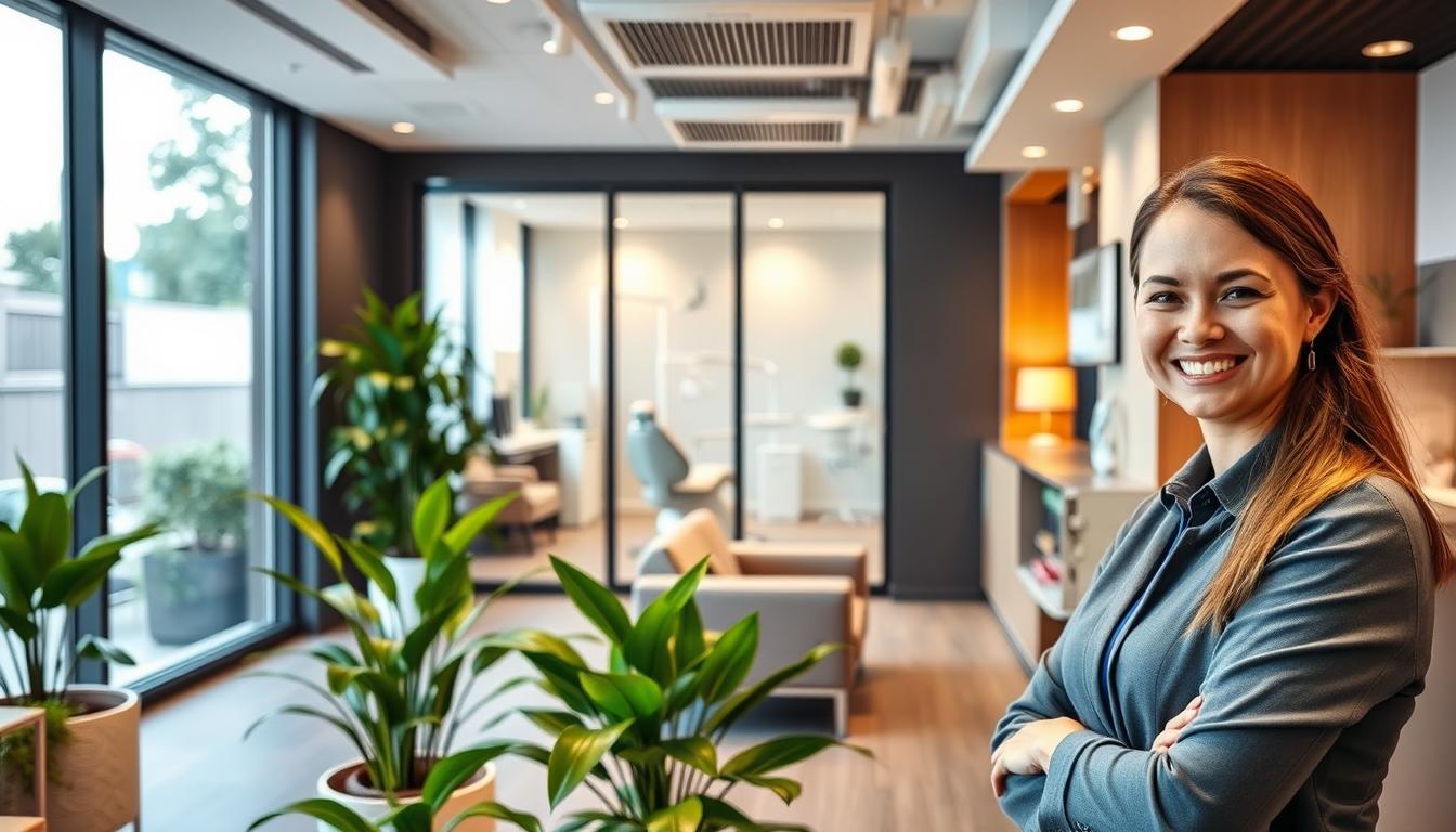A welcoming dentist's office in Parramatta, featuring a modern reception area with a friendly receptionist wearing professional attire. In the foreground, a comfortable waiting area with green potted plants and contemporary seating invites patients. The middle ground shows a dentist's consultation room equipped with the latest dental tools, emphasizing hygiene and state-of-the-art technology. In the background, large windows allow natural light to flood the space, creating a bright and cheerful atmosphere. Soft, warm lighting illuminates the interior, enhancing the comforting mood. The scene captures an inviting and friendly environment, perfect for showcasing quality care and service at a dental office in Parramatta. A welcoming dentist's office in Parramatta, featuring a modern reception area with a friendly receptionist wearing professional attire. In the foreground, a comfortable waiting area with green potted plants and contemporary seating invites patients. The middle ground shows a dentist's consultation room equipped with the latest dental tools, emphasizing hygiene and state-of-the-art technology. In the background, large windows allow natural light to flood the space, creating a bright and cheerful atmosphere. Soft, warm lighting illuminates the interior, enhancing the comforting mood. The scene captures an inviting and friendly environment, perfect for showcasing quality care and service at a dental office in Parramatta.