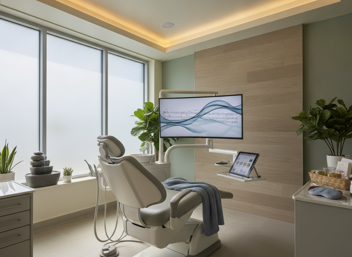 Calming dental office environment with relaxing features Calming dental office environment with relaxing features