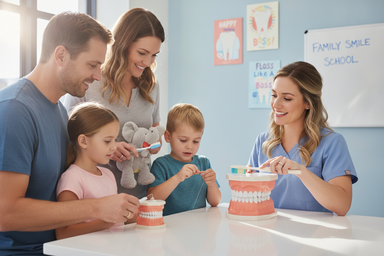 Family learning proper dental hygiene and oral health habits Family learning proper dental hygiene and oral health habits