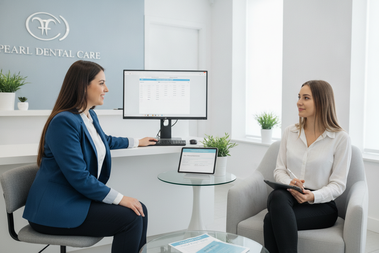 Patient scheduling first dental appointment at reception Patient scheduling first dental appointment at reception